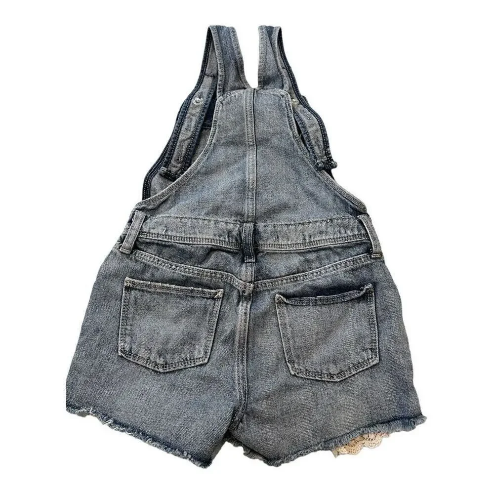 Old Navy Kids Girls Lace Pocket Washed Denim Short Overall Blue Large (10-12)